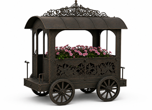 Chariot à fleurs décoratif en métal antique pour jardin, chariot à plantes vintage à roulettes, présentoir floral extérieur, décoration de patio - Product Image 1