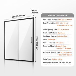 Porta Scorrevole per Doccia Semi-Frameless 57.7 X 70 Pollici, Vetro Temperato Trasparente da 1/4 di Pollice (6mm), Impermeabile - Product Image 6