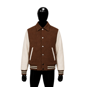 Chaqueta Varsity Moderna de Lana Marrón Estilo Letterman, Suave, Cuello Letterman, Corte Regular, Abrigo de Otoño Estilo Urbano - Product Image 1