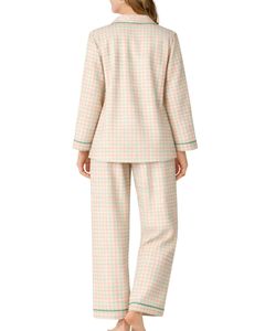 Peach <b>Green</b> Check Women Pajama Set Long Sleeve Button Down Nightwear Soft Cotton Two Piece Sleepwear Comfortable Lounge Set - Product Image 2