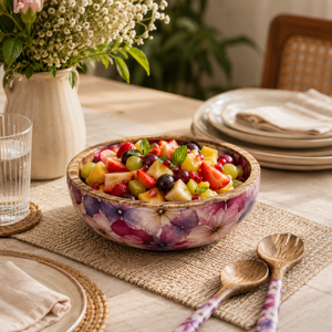 Ensemble de saladiers en bois de manguier imprimé émail floral de luxe, bols de service artisanaux de qualité supérieure, sans danger pour les aliments, décoratifs pour la cuisine et la salle à manger - Product Image 2