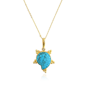 Handcrafted blue turquoise ammonite carving pendant <b>with</b> minimal zircon bezel set necklace 18k gold plated chain fashion jewelry - Product Image 1