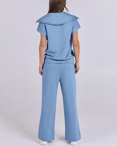 Conjunto de 2 Piezas para Mujer, Cuello Redondo, Top de Manga Corta con Media Cremallera + Pantalones Anchos, Ropa Deportiva Informal Ligera para Uso Diario - Product Image 3