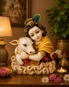 Figura de Krishna con Vaca Hecha a Mano en Resina, Escultura de Arte Religioso Tradicional, Decoración de Mesa para Hogar u Oficina - Product Image 2