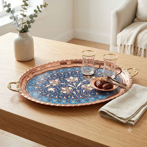 Plateau décoratif ovale en cuivre de qualité supérieure turc, peint en émail bleu, motif floral et laiton élégant pour la décoration de la maison, hôtel, restaurant - Product Image 4