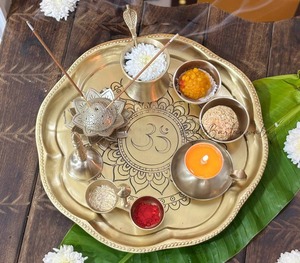 Classic Brass Pooja Thali Set Traditional Design Puja Plate with Diya Bell Kalash <b>Mandir</b> Decoration - Product Image 3