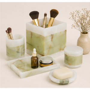 Ensemble d'accessoires de salle de bain en marbre vert naturel, collection moderne en pierre polie pour comptoir, comprenant un distributeur de savon pour hôtel - Product Image 4