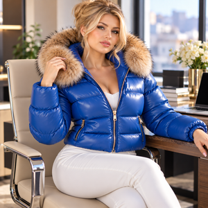 Women's Leather Puffer Jacket with Trim Fox Fur Hood, Winter Stylish jacket, Lederjacke Damen - Product Image 2