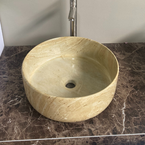 Round Travertine Vessel <b>Sink</b> Painted Finish Eco-Friendly Water Resistant Minimalist Design Counter Installation Bathroom Basin - Product Image 5