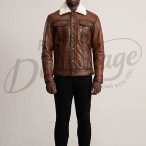 Chaqueta de Cuero Genuino Marrón para Hombre, Chaqueta Trucker de Invierno con Cuello de Forro Polar Blanco, Corte Ajustado, Abrigo Informal de Cuero - Product Image 4