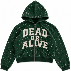 Sweat à capuche double fermeture éclair pour homme, motif graphique personnalisé, strass, effet délavé, molleton épais 100% coton, coupe oversize - Product Image 4