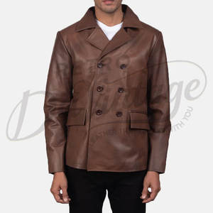 Manteau en cuir marron croisé pour homme, en véritable peau de mouton, col large classique, style décontracté et professionnel - Product Image 6