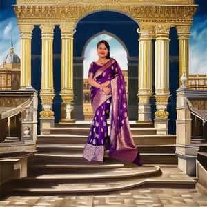 Sari de Seda Lichi Banarasi con Bordado de Plata Zari, Tejido Tradicional Butti, Estilo Étnico Indio para Fiestas de Invierno/Verano, Ideal para Novias - Product Image 1