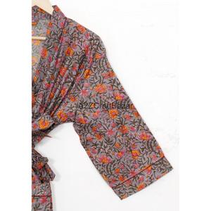 Chemise de nuit sexy pour femmes, imprimé floral, 100% coton, col en V, fermeture à cordon, longueur intégrale, manches trois-quarts - Product Image 3