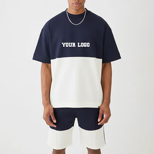 Ensemble T-shirt et short en coton pour homme, color block, col rond, coupe ample, style streetwear, deux pièces, logo personnalisé imprimé sur le devant - Product Image 1