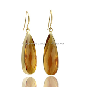 Pendientes de piedra preciosa de topacio ahumado en plata de ley 925, joyería india hecha a mano con baño de oro por Asian Jewellers - Product Image 1