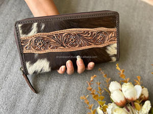 New Elegant Western Style <b>Hair</b> on Hide Tooled Fur Leather Clutch Women Designed Purse Hot Selling Tooled Leather Zipper Wallet - Product Image 2