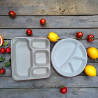Assiette jetable écologique en bagasse à 4 compartiments, rectangulaire ou ronde, biodégradable, anti-fuite, en canne à sucre