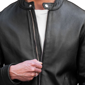 Veste streetwear pour homme en cuir véritable noir, col à boutons pression, fermeture éclair sur le devant, coupe ajustée, minimaliste, haut de gamme, décontractée, personnalisée, vêtement d'extérieur pour l'hiver - Product Image 2