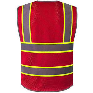 2026 Red Reflective Safety Vest Men V-Neck Zipper Breathable Mesh Pockets Casual Summer Outer Wear 100 Polyester - Product Image 2