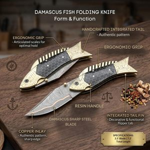 Personalized Handmade <b>Copper</b> Damascus Artistic Fish Folding Pocket Knife Collectible EDC Multi-Functional Camping Hunting Knife - Product Image 5