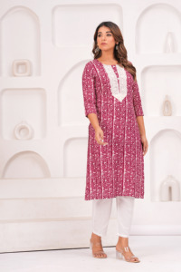 Elegante Kurta de Algodón Estampado Rojo para Mujer, Corte Holgado, Largo Midi, Estilo Tradicional Indio, Ropa Étnica Informal - Product Image 4