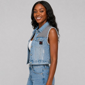 Gilet en jean pour femme de haute qualité, fabriqué en denim résistant, avec un look sans manches élégant, des poches sécurisées et une coupe confortable. - Product Image 3
