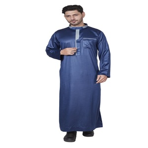 Qamis bleu pour homme à manches longues, coupe droite, col montant, en polyester, style Moyen-Orient, pour la prière, Aïd Ramadan - Product Image 1