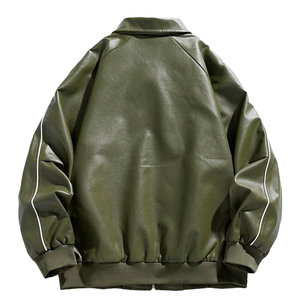 Chaqueta de Cuero para Hombre, Estilo Bomber, Cuello Camisero, Cierre de Cremallera, Color Sólido, Manga Regular, Estilo Casual Otoñal - Product Image 2