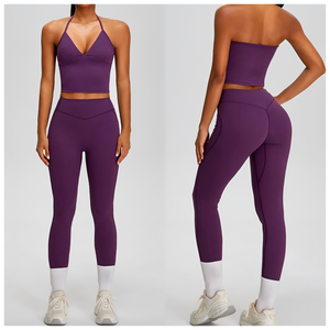 Ensemble de yoga rose taille haute sans coutures, avec haut court à dos croisé et col en V, et short respirant en Spandex et Polyester, 3 pièces avec fermeture à cordon de serrage - Product Image 3