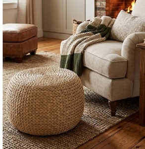 Pouf rond en rotin naturel fait main, tabouret moderne de style côtier pour salon et mobilier de cour - Product Image 5