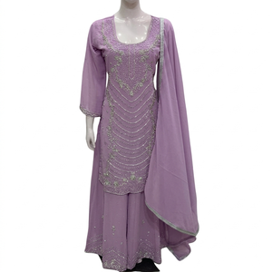 FAMUCAAS White Hand Embroidered Georgette V Neck Salwar/Plazo/Sharara Kameez Indian Pakistani Women Party Dress Set Quick Dry - Product Image 4