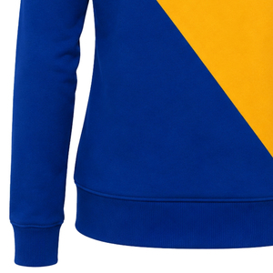เสื้อฮู้ดซิปยาวสีน้ำเงินรอยัลประดับทองคำแบบสั่งทำสำหรับผู้หญิง  ลายสองแถบไขว้  แขนยาว  แบบมีฮู้ด  สีตัดต่อ  เหมาะสำหรับชมรม  วิทยาลัย  และกีฬา - Product Image 4