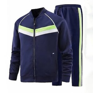 Ensemble de survêtement sportif bleu marine pour homme avec rayures vertes et blanches, en polyester et coton tricoté, veste à col montant et fermeture éclair intégrale, idéal pour l'automne - Product Image 1