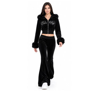 Perfecta Wings Black Velvet 2 Piece Set Crop <b>Hoodie</b> With Fur Trim Flared Pants Embroidery Logo Women's Fashion Outfit - Product Image 3
