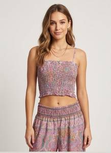 Ensemble 2 pièces bohème pour femme, haut court en mousseline imprimé cachemire et pantalon large, tenue sans manches à fines bretelles coupe ample printemps-été - Product Image 2