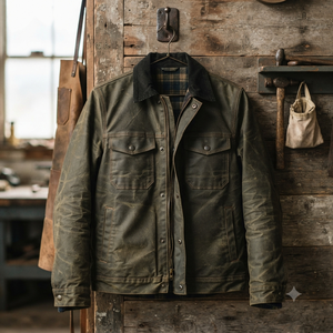 Men's <b>Canvas</b> Workwear <b>Jacket</b> Green Turn-down Collar Zipper Closure Washed Finish Autumn Regular Fit Solid Pattern Pockets - Product Image 1
