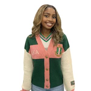 Cárdigan de Invierno para Mujer, Color Verde y Rosa, con Bloques de Color, Tejido, Bordado, con Botones al Frente, Manga Larga, Diseño Gráfico, Informal, a la Moda - Product Image 1