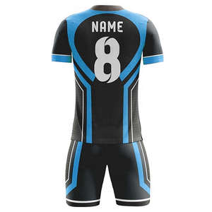 Custom Men's Black Blue Soccer Jersey Set V-Neck Short Sleeve Moisture Wicking Sublimated Print Fitted Style Adult Size - Product Image 2