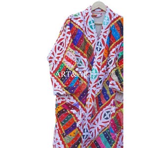 Indian Handmade Bohemian Cotton Cutwork Short <b>Kimono</b> <b>Robe</b> Women Elegant Beachwear Sleepwear V-neck Knee-Length Belt Tie Front - Product Image 2