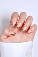Faux ongles de luxe en ABS, forme amande, avec strass, finition chrome doré, style French, à presser, taille moyenne, fabrication OEM/ODM sur mesure