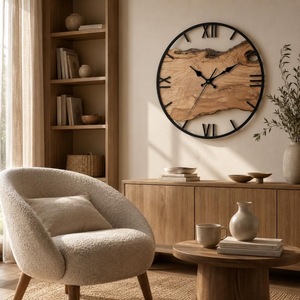 Horloge murale en bois rustique antique, design rond analogique à quartz, silencieuse, décoration de salon - Product Image 3