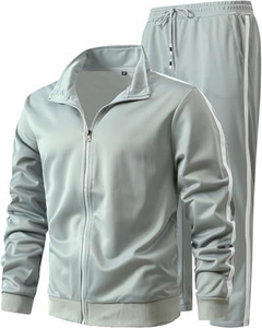 Survêtement gris clair pour homme, fermeture éclair intégrale, style sportif, couleur unie, respirant, en polyester, pour l'automne - Product Image 4