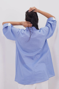 Camisa de Mujer Azul de Algodón Tejido con Bloques de Color, Manga Kimono, Botones, Corte Holgado, Informal, con Bolsillos, para Todas las Temporadas - Product Image 6