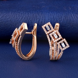 Boucles d'oreilles de luxe plaquées or rose, certifiées IGI, en diamant 14K pour femme, coupe baguette, pavé géométrique, créoles huggie - Product Image 4