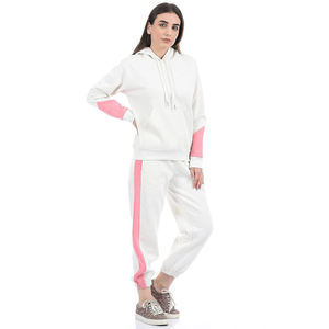 <b>Women</b> <b>White</b> Pink Color Block Hoodie And <b>Joggers</b> Set Casual Knitted Full Sleeve Autumn Wear - Product Image 5