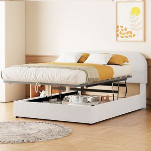 Cama de Plataforma Tapizada en Terciopelo Teddy Blanco, Tamaño Completo, con Sistema de Almacenamiento Hidráulico - Product Image 2