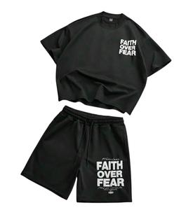 <b>Black</b> Oversized <b>Men</b> T-Shirt and <b>Shorts</b> Set 100% Cotton Knitted 180g Eco-Friendly Casual Streetwear Two-Piece Outfit - Product Image 5