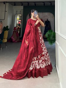 Trending Women Tussar Silk Printed Party Wedding Diwali Lehenga Choli with Reversible Design Quick Dry Feature and <b>Ankle</b>-Length - Product Image 1
