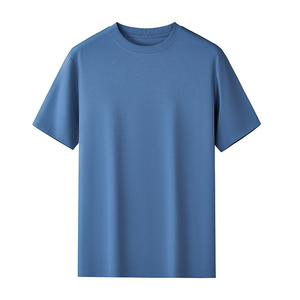 Camiseta de Manga Corta para Hombre, Cuello Redondo, Color Azul Sólido, Ajuste Perfecto, Tejido de Punto Jersey, Algodón Transpirable de Secado Rápido, 220g, Diseño Liso - Product Image 1